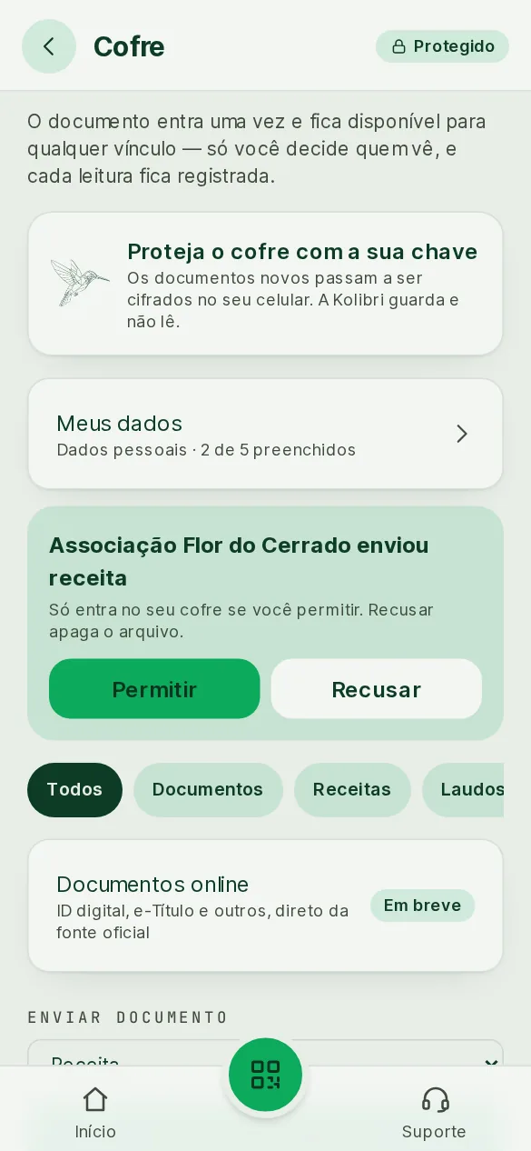 Cofre com Documentos, Receitas e Laudos, e um documento esperando a permissão do paciente