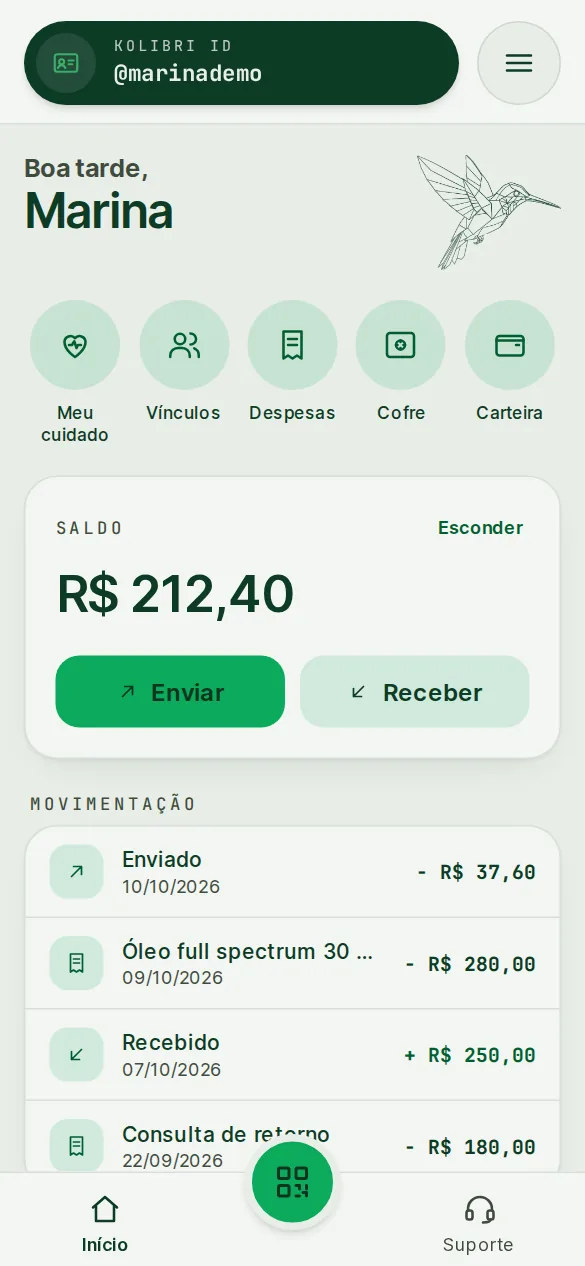 Início do app: Kolibri ID no topo, os atalhos, o saldo e a movimentação